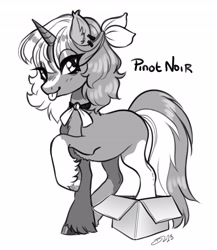 Size: 3550x4096 | Tagged: safe, artist:opalacorn, derpibooru import, oc, oc only, oc:pinot noir, pony, unicorn, cardboard box, coat markings, commission, grayscale, looking at you, monochrome, ribbon, simple background, solo, tongue, tongue out, unshorn fetlocks, white background