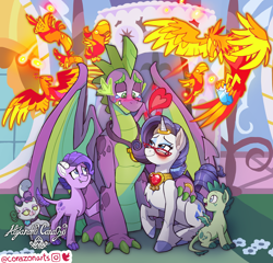 Size: 3120x3000 | Tagged: safe, artist:corazon, derpibooru import, opalescence, peewee, rarity, spike, oc, oc:crystal clarity, oc:turquoise blitz, cat, dracony, dragon, hybrid, kirin, phoenix, pony, unicorn, bow, chest fluff, crying, female, flower, flying, glasses, heart, interspecies offspring, jewelry, looking at each other, looking at someone, male, mare, medal, necklace, offspring, open mouth, parent:rarity, parent:spike, parents:sparity, raised hoof, raised leg, ring, shipping, sitting, smiling, sparity, straight, window, winged spike, wings