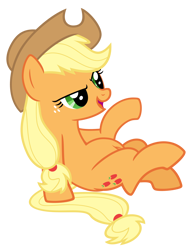 Size: 3000x4000 | Tagged: safe, alternate version, artist:reginault, derpibooru import, edit, editor:oathcharm, applejack, earth pony, pony, fall weather friends, absurd resolution, belly, belly button, belly edit, female, mare, open mouth, raised hoof, raised leg, simple background, sitting, smiling, solo, transparent background, vector, vector edit