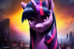 Size: 600x400 | Tagged: safe, ai content, derpibooru import, generator:stable diffusion, machine learning generated, twilight sparkle, pony, unicorn, city, detailed, post-apocalyptic, sky, smiling, solo, television