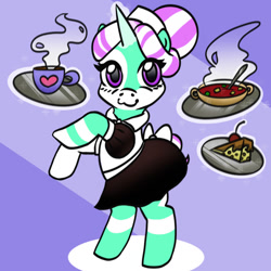 Size: 894x894 | Tagged: safe, artist:markskvader, derpibooru import, oc, oc only, unicorn, cake, cake slice, clothes, coffee, food, oc name needed, socks, solo, soup, striped socks