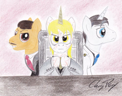 Size: 1024x807 | Tagged: safe, artist:thechrispony, derpibooru import, oc, oc only, oc:goldenblood, oc:mr. horse, oc:trottenheimer, pony, unicorn, fallout equestria, fallout equestria: project horizons, antagonist, chair, clothes, facial hair, fanfic art, ionizing radiation warning symbol, male, moustache, scar, stallion, suit, traditional art