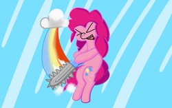 Size: 2552x1606 | Tagged: safe, artist:just loq, derpibooru import, pinkie pie, earth pony, pony, chainsaw, cloud, implied rainbow dash, lesbian ponies with weapons, open mouth, rainbow, sharp teeth, simple background, solo, teeth, vylet pony, xd