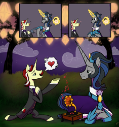 Size: 2228x2372 | Tagged: safe, derpibooru import, idw, flam, king sombra, semi-anthro, unicorn, clothes, comic, couple, courtship, crack shipping, facial hair, flambra, gay, gay couple, good king sombra, heart, hoof shoes, jewelry, looking at each other, looking at someone, love, magic, male, mirror universe, moustache, music, music notes, regalia, scenery, shipping, singing, size difference, stallion