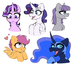 Size: 2096x1882 | Tagged: safe, artist:rtootb, derpibooru import, maud pie, nightmare moon, rarity, scootaloo, starlight glimmer, alicorn, earth pony, pegasus, pony, unicorn, g4, :3, bust, curved horn, cute, cutealoo, digital art, evil laugh, female, filly, foal, happy, heart, hooves, horn, laughing, looking at someone, looking at you, looking down, looking up, mare, open mouth, portrait, simple background, sketch, smiling, white background