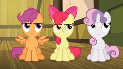 Size: 1920x1080 | Tagged: safe, derpibooru import, screencap, apple bloom, scootaloo, sweetie belle, earth pony, pegasus, pony, unicorn, somepony to watch over me, apple bloom's bow, bow, cutie mark crusaders, female, filly, foal, hair bow, sitting, trio