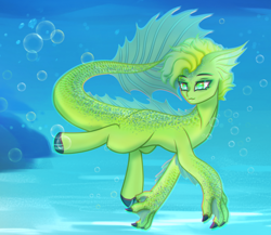 Size: 1500x1300 | Tagged: safe, artist:kiracatastic, derpibooru import, oc, oc only, hybrid, merpony, monster pony, pony, sea pony, bubble, claws, crepuscular rays, digital art, dorsal fin, fin, fish tail, flowing mane, flowing tail, green eyes, green mane, looking at you, male, ocean, rock, scales, smiling, smiling at you, solo, stallion, sunlight, swimming, tail, underwater, unshorn fetlocks, water