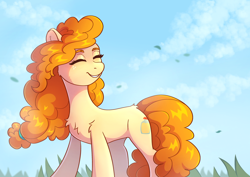 Size: 3508x2480 | Tagged: safe, artist:skysorbett, derpibooru import, pear butter, earth pony, pony, chest fluff, cloud, eyes closed, female, grass, mare, milf, outdoors, sky, smiling, solo, wind, windswept mane