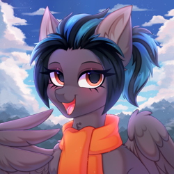 Size: 4000x4000 | Tagged: safe, artist:pesty_skillengton, derpibooru import, oc, oc only, pegasus, pony, clothes, ear fluff, ears, female, mare, mountain, open mouth, scarf, sketch, solo