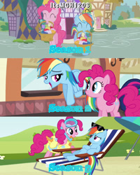 Size: 2458x3072 | Tagged: safe, derpibooru import, edit, edited screencap, editor:itsmgh1203, screencap, pinkie pie, rainbow dash, earth pony, pegasus, pony, griffon the brush off, mmmystery on the friendship express, season 1, season 2, season 3, too many pinkie pies, ^^, cute, dashabetes, diapinkes, duo, duo female, ears, eyes closed, female, floppy ears, flying, friendship express, locomotive, mare, open mouth, open smile, smiling, spread wings, steam locomotive, sunglasses, text, train, wings