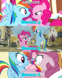 Size: 2458x3072 | Tagged: safe, derpibooru import, edit, edited screencap, editor:itsmgh1203, screencap, pinkie pie, rainbow dash, earth pony, pegasus, pony, 28 pranks later, pinkie pride, season 4, season 5, season 6, the lost treasure of griffonstone, duo, duo female, ears, eyebrows, female, floppy ears, flying, mare, open mouth, raised eyebrow, smiling, spread wings, sugarcube corner, text, wings