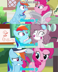 Size: 2458x3072 | Tagged: safe, derpibooru import, edit, edited screencap, editor:itsmgh1203, screencap, pinkie pie, rainbow dash, earth pony, pegasus, pony, 2 4 6 greaaat, daring done?, season 7, season 8, season 9, yakity-sax, spoiler:s08, spoiler:s09, bench, duo, duo female, female, grin, mare, newspaper, open mouth, open smile, smiling, sugarcube corner, text