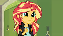 Size: 3072x1727 | Tagged: safe, derpibooru import, screencap, sunset shimmer, human, equestria girls, friendship games, canterlot high, clothes, cute, female, frown, jacket, leather, leather jacket, lockers, sad, sadorable, shimmerbetes, solo