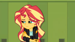 Size: 3072x1727 | Tagged: safe, derpibooru import, screencap, sunset shimmer, human, equestria girls, friendship games, canterlot high, clothes, female, frown, jacket, leather, leather jacket, lockers, sad, solo, sunsad shimmer