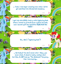 Size: 2045x2149 | Tagged: safe, derpibooru import, rainbow dash, twist, pegasus, pony, dialogue, dialogue box, english, event, female, gameloft, glasses, implied lightning dust, mare, mobile game, my little pony: magic princess, official, older twist, speech bubble, spread wings, text, wings