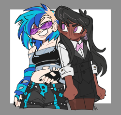 Size: 2048x1954 | Tagged: safe, artist:pcktknife, derpibooru import, dj pon-3, octavia melody, vinyl scratch, human, abstract background, bowtie, clothes, dark skin, duo, ear piercing, earring, female, humanized, jewelry, lesbian, piercing, scratchtavia, shipping, suit, vinyl's glasses