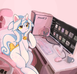 Size: 954x911 | Tagged: safe, artist:muffinz, derpibooru import, oc, oc only, oc:snowie, pony, unicorn, bell, bell collar, bow, cat ears, chair, collar, commission, gamer, gaming chair, gaming headset, headphones, headset, microphone, office chair, solo, striped mane, tail, tail bow