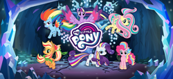Size: 1666x768 | Tagged: safe, derpibooru import, applejack, fluttershy, pinkie pie, rainbow dash, rarity, twilight sparkle, twilight sparkle (alicorn), alicorn, earth pony, pegasus, pony, unicorn, twilight's kingdom, female, gameloft, loading screen, mane six, mare, my little pony logo, my little pony: magic princess, official, rainbow power, tree of harmony, video game