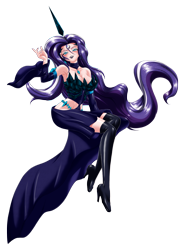 Size: 3430x4659 | Tagged: safe, alternate version, artist:mauroz, derpibooru import, nightmare rarity, human, anime, anime style, breasts, cleavage, clothes, high res, humanized, nightmare raritits, open mouth, shoes, simple background, solo, stockings, thigh highs, transparent background