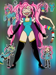 Size: 1620x2160 | Tagged: safe, artist:weegeepie-nightring, derpibooru import, oc, oc only, oc:nightring, alien, human, apron, boots, cape, choker, clothes, coat, coat markings, creepy, dress, ear piercing, earring, evening gloves, eyeshadow, fangs, female, fingerless elbow gloves, fingerless gloves, gloves, grin, high heel boots, humanized, humanized oc, invader zim, irken, jewelry, lipstick, long gloves, makeup, mare, nail polish, non-mlp oc, open mouth, piercing, reference sheet, shoes, smiling, solo, tattoo, unshorn fetlocks