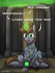 Size: 3000x4000 | Tagged: safe, artist:luckynb, derpibooru import, oc, oc only, oc:littlepip, pony, unicorn, fallout equestria, dialogue, fanfic art, levitation, looking at you, magic, offscreen character, open mouth, open smile, pipbuck, pov, smiling, telekinesis