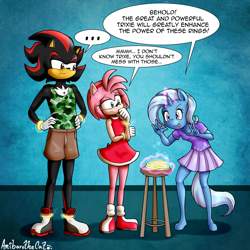 Size: 3500x3500 | Tagged: safe, artist:anibaruthecat, derpibooru import, trixie, anthro, hedgehog, plantigrade anthro, unguligrade anthro, unicorn, g4, amy rose, breasts, child, clothes, crossover, dialogue, eyebrows, eyelashes, power rings, shadow the hedgehog, sonic the hedgehog (series), speech bubble, stool, tongue, tongue out, younger