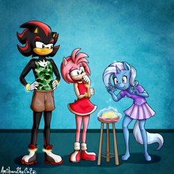 Size: 3500x3500 | Tagged: safe, alternate version, artist:anibaruthecat, derpibooru import, trixie, anthro, hedgehog, unguligrade anthro, unicorn, g4, amy rose, breasts, child, clothes, crossover, eyebrows, eyelashes, no dialogue, power rings, shadow the hedgehog, sleeveless, sonic the hedgehog (series), stool, textless version, tongue, tongue out, younger
