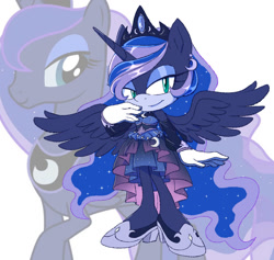 Size: 918x871 | Tagged: safe, artist:kanayanga, derpibooru import, princess luna, alicorn, anthro, ear piercing, earring, high heels, jewelry, looking at you, mobian, piercing, shoes, smiling, sonic the hedgehog (series), sonicified, spread wings, wings