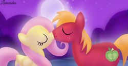 Size: 1980x1020 | Tagged: safe, artist:mlplary6, derpibooru import, big macintosh, fluttershy, earth pony, pegasus, pony, eyes closed, female, fluttermac, kissing, love, male, mare, moon, moonlight, romantic, shipping, stallion, straight