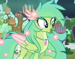 Size: 1355x1080 | Tagged: safe, artist:cstrawberrymilk, derpibooru import, oc, oc:zinnia, classical hippogriff, hippogriff, colored wings, cute, eyeshadow, female, flower, flower in hair, flower in tail, freckles, green, green eyes, green eyeshadow, green feathers, green hair, green tail, jewelry, looking to side, looking to the right, makeup, mount aris, necklace, seashell, solo, tail, two toned wings, wings