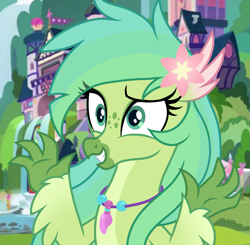 Size: 1103x1080 | Tagged: safe, artist:cstrawberrymilk, derpibooru import, oc, oc:zinnia, classical hippogriff, hippogriff, cute, eyeshadow, female, flower, flower in hair, freckles, green, green eyes, green eyeshadow, green feathers, green hair, jewelry, makeup, necklace, school of friendship, seashell, solo