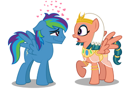 Size: 4442x3242 | Tagged: safe, artist:aleximusprime, derpibooru import, somnambula, oc, oc:storm streak, pegasus, pony, fanfic:the perfect storm streak, flurry heart's story, crush, egyptian headdress, egyptian pony, female, floating heart, headdress, heart, heart eyes, in love, looking at each other, looking at someone, male, mare, offspring, older, open mouth, parent:oc:thunderhead, parent:rainbow dash, parents:canon x oc, pegasus oc, shocked, simple background, smiling, spread wings, stallion, transparent background, wingding eyes, wings