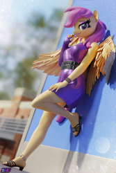 Size: 2160x3240 | Tagged: safe, artist:shadowboltsfm, derpibooru import, scootaloo, anthro, plantigrade anthro, 3d, adorasexy, anklet, blender, bracelet, breasts, clothes, cute, cutealoo, dress, eyeshadow, feet, female, high res, jewelry, leaning, leaning on wall, lipstick, looking at you, makeup, nail polish, not sfm, older, older scootaloo, ponytail, sandals, sexy, smiling, wall, wings