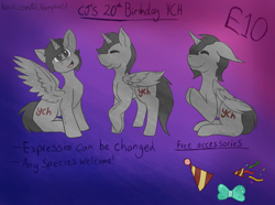 Size: 4000x2972 | Tagged: safe, artist:lil_vampirecj, derpibooru import, pony, any species, birthday, commission, commissions open, feral, glitter bow, gradient background, hat, open, party hat, party popper, your character here