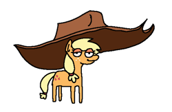 Size: 1602x1047 | Tagged: safe, artist:punkittdev, derpibooru import, applejack, earth pony, pony, cowboy hat, female, giant hat, hat, impossibly large hat, lidded eyes, looking at you, mare, simple background, smiling, smiling at you, solo, white background