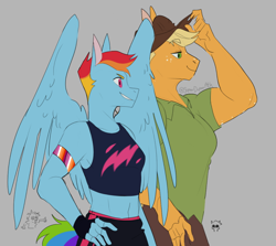 Size: 848x757 | Tagged: safe, artist:superduperath, derpibooru import, applejack, rainbow dash, anthro, earth pony, pegasus, armband, female, midriff, mouthpiece, muscles, muscular female, pride, pride flag, smiling