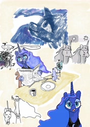 Size: 4961x7016 | Tagged: safe, artist:maso, derpibooru import, princess celestia, princess luna, tiberius, newspaper, princess necklestia, sketch