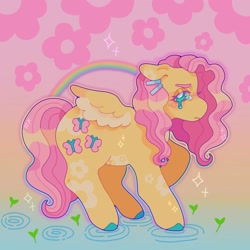 Size: 1440x1440 | Tagged: safe, artist:ariariari.png, derpibooru import, fluttershy, pegasus, pony, partially submerged, rainbow, solo, spread wings, standing in water, teary eyes, water, wings