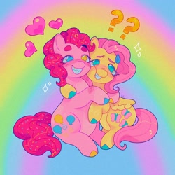 Size: 1440x1440 | Tagged: safe, artist:ariariari.png, derpibooru import, fluttershy, pinkie pie, earth pony, pegasus, pony, colored hooves, duo, female, flutterpie, heart, hug, lesbian, question mark, shipping, sweat, sweatdrop