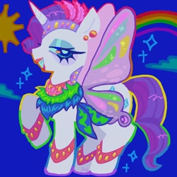 Size: 1080x1080 | Tagged: safe, artist:ariariari.png, derpibooru import, rarity, pony, unicorn, butterfly wings, cloud, eyeshadow, lipstick, makeup, rainbow, sky, wings