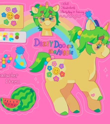 Size: 1440x1631 | Tagged: safe, artist:ariariari.png, derpibooru import, oc, oc only, oc:dazey doo, pony, unicorn, alternate versions at source, colored hooves, food, pronouns, reference sheet, solo, watermelon