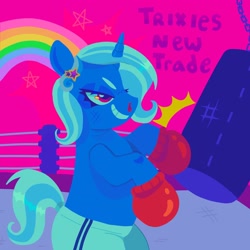 Size: 1440x1440 | Tagged: safe, artist:ariariari.png, derpibooru import, trixie, pony, unicorn, blood, boxers, boxing, boxing gloves, boxing ring, clothes, nosebleed, solo, sports, underwear