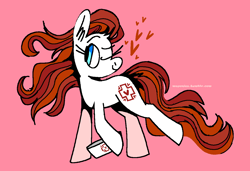 Size: 1316x900 | Tagged: safe, artist:msponies, derpibooru import, nurse redheart, earth pony, pony, g4, female, floating heart, hat, hatless, heart, mare, missing accessory, ms paint, nurse hat, one eye closed, pink background, raised hoof, raised leg, simple background, smiling, solo, tail
