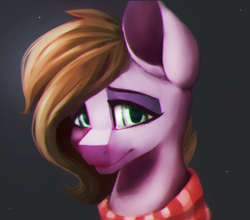 Size: 1050x923 | Tagged: safe, artist:minckies, derpibooru import, oc, oc only, earth pony, pony, bust, clothes, dark background, earth pony oc, scarf, smiling, solo