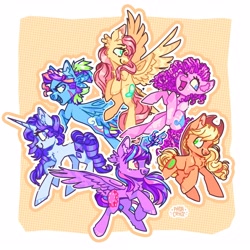 Size: 4000x4000 | Tagged: safe, artist:pastacrylic, derpibooru import, applejack, fluttershy, pinkie pie, rainbow dash, rarity, twilight sparkle, twilight sparkle (alicorn), alicorn, earth pony, pegasus, pony, unicorn, abstract background, alternate cutie mark, alternate hairstyle, alternate mane color, chest fluff, coat markings, female, flying, mane six, mare, scar