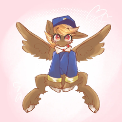 Size: 1080x1080 | Tagged: safe, artist:sky_star156, derpibooru import, pegasus, pony, blonde, clothes, female, hat, heart, letter, looking at you, mare, mouth hold, red eyes, simple background, sitting, spread wings, swift reply, uniform, wings