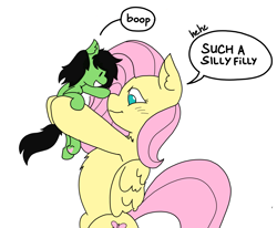 Size: 2795x2303 | Tagged: safe, artist:ponny, derpibooru import, fluttershy, oc, oc:anon filly, earth pony, pegasus, boop, female, filly, foal, hoof heart, mare, simple background, smiling, speech bubble, text, underhoof, upsies, white background