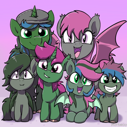 Size: 2220x2220 | Tagged: safe, artist:pfeffaroo, derpibooru import, oc, oc only, oc:aurora melody, oc:costal sunset, oc:fruitful melody, oc:melon rind, oc:rc, oc:shanty loch, bat pony, earth pony, pony, unicorn, colt, family photo, female, filly, foal, frc, gradient background, male, smiling, wings