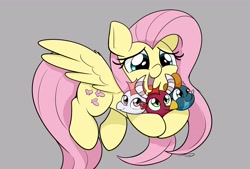 Size: 3496x2362 | Tagged: safe, artist:taurson, derpibooru import, fluttershy, dragon, pegasus, pony, sweet and smoky, adorkable, baby, baby dragon, cute, dork, female, gray background, high res, holding a dragon, hug, mare, maternal instinct, open mouth, open smile, scene interpretation, shyabetes, simple background, smiling