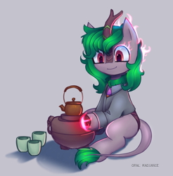 Size: 2800x2840 | Tagged: safe, artist:opal_radiance, derpibooru import, oc, oc:skywell, kirin, nirik, commission, cup, fire, food, gray background, mundane utility, simple background, solo, tea, teapot